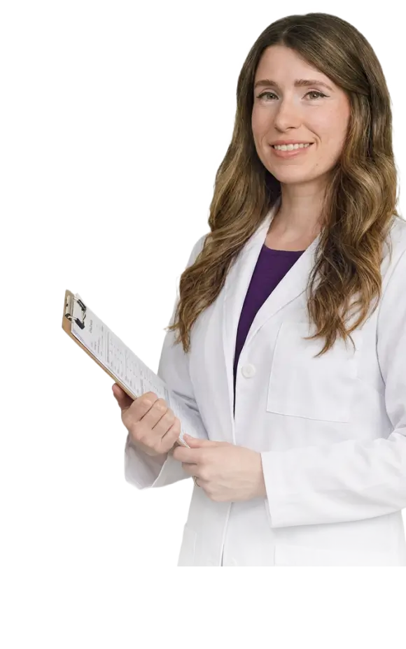 Smiling clinician in white coat holding clipboard