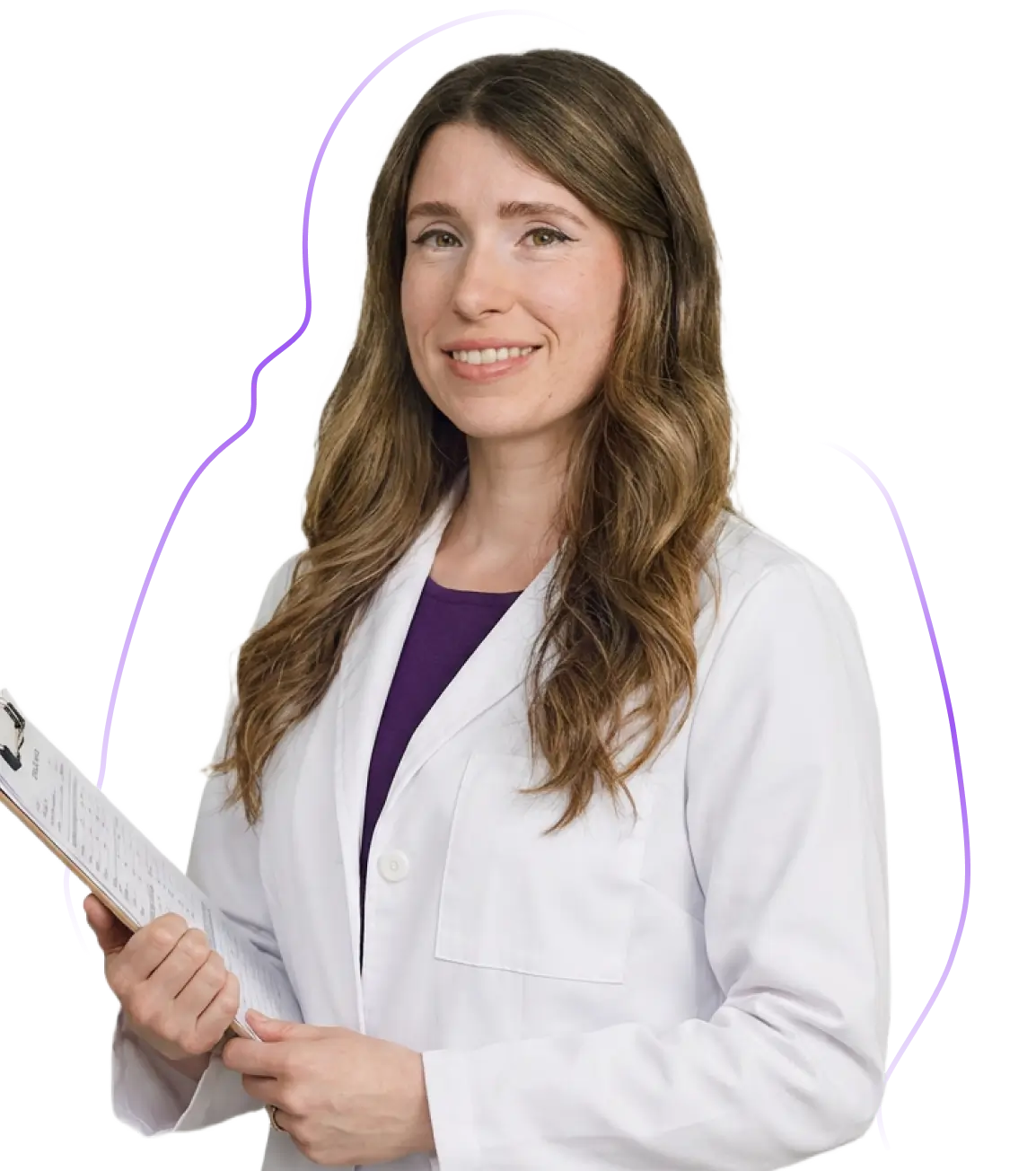 Smiling clinician in white coat holding clipboard