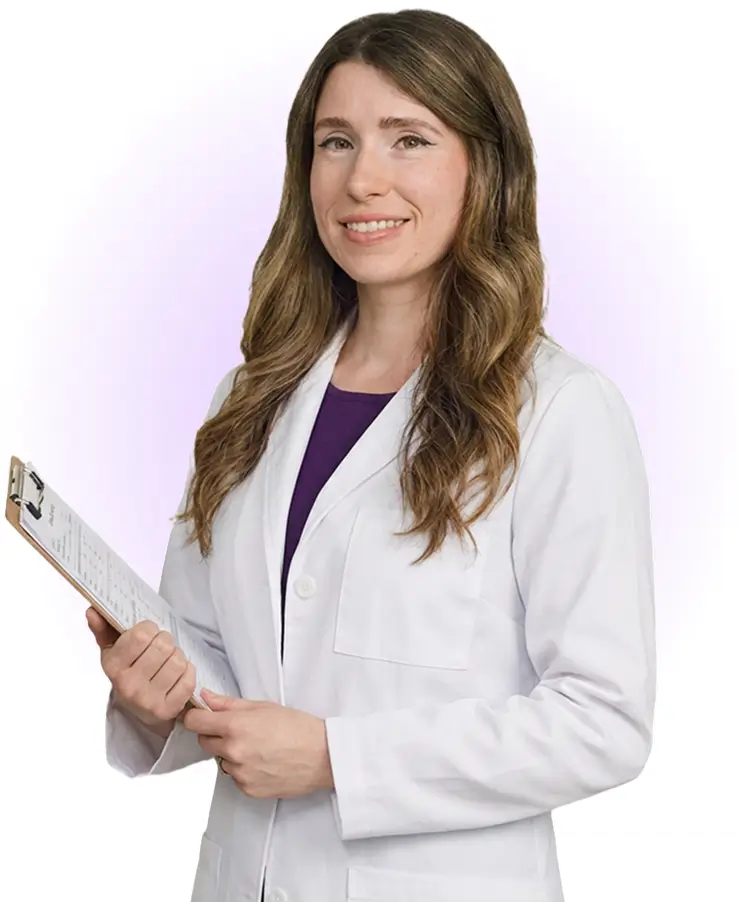 Three doctors in white coats stand together, holding a clipboard, discussing patient information.